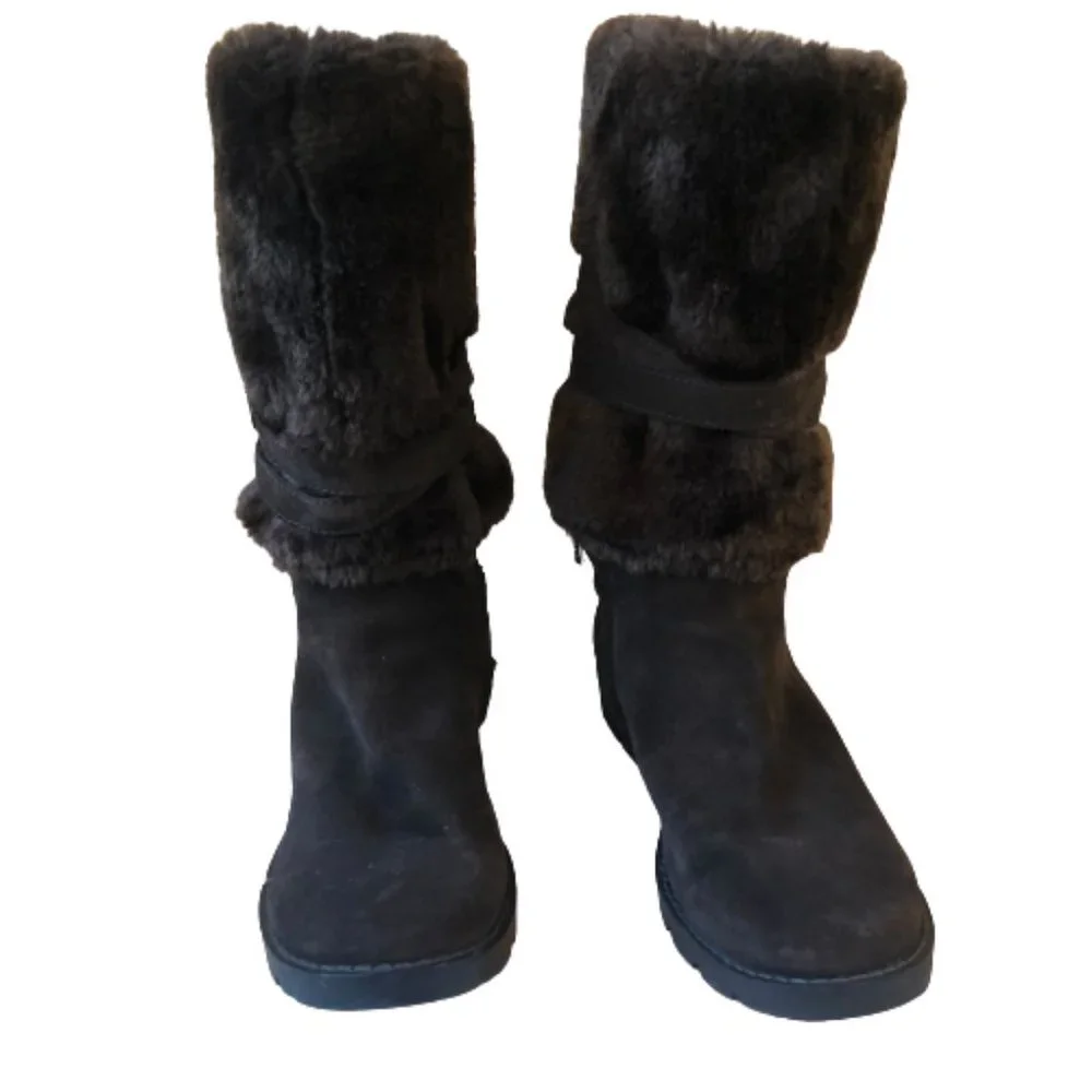 GEOX Mid-Calf Boot Dark Brown Suede Faux FUR Buckles Straps Studs